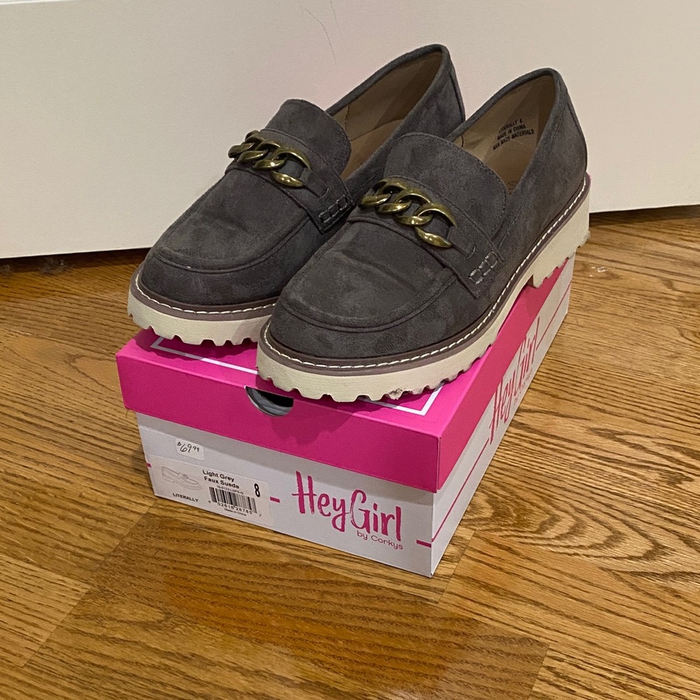 Hey Girl Gray Suede Chain-Trim Platform Loafers